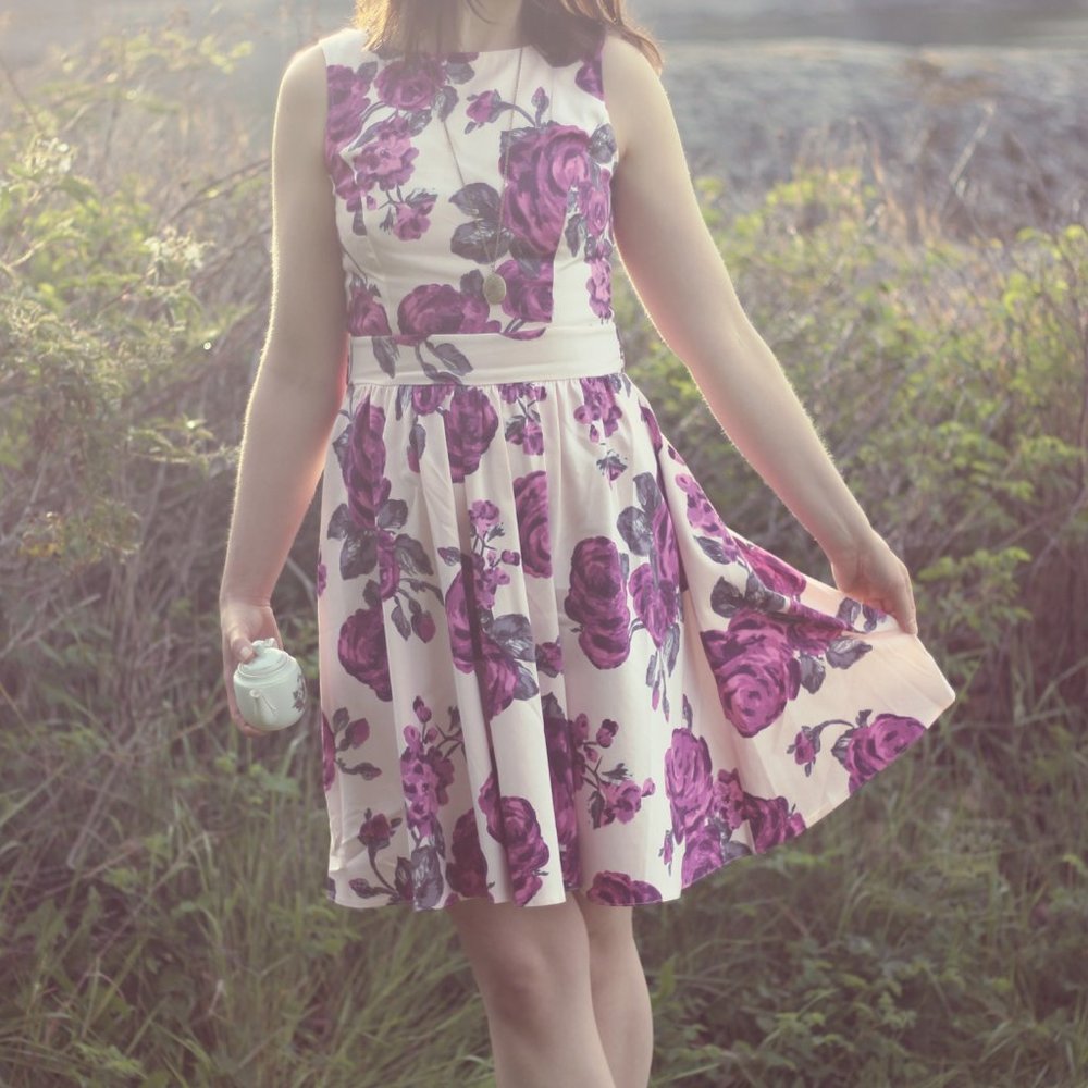 LADY V LONDON purple floral tea garden mini dress womens 8
